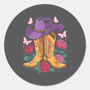 Cowgirl Western Cowboy Hat Boots With Roses Countr Classic Round Sticker