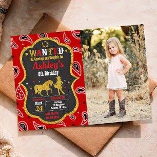 Cowgirl Western Party Wanted Birthday Photo Invitation