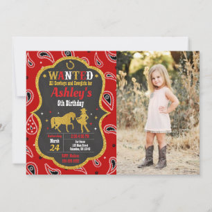 Cowgirl Western Party Wanted Birthday Photo Invitation