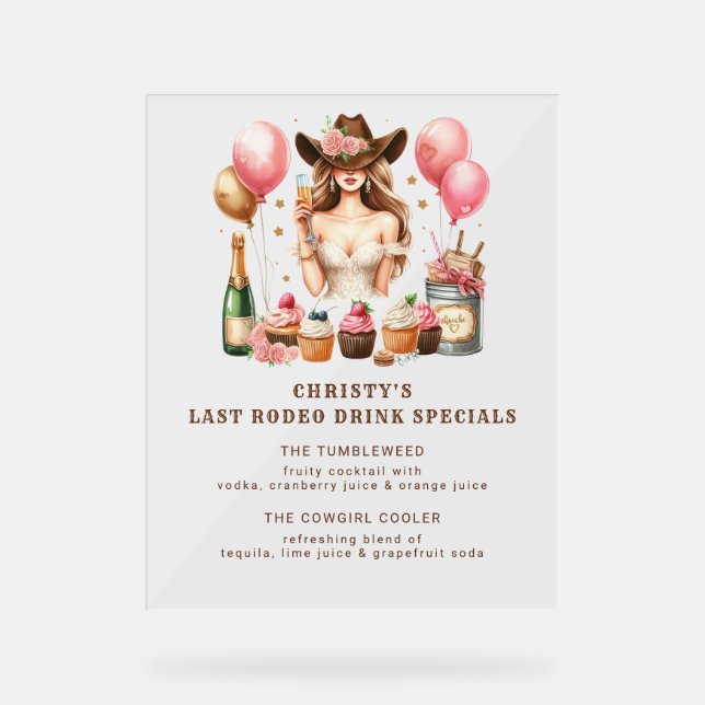 Cowgirl Western Rodeo Bachelorette Bridal Shower Acrylic Sign (Front)