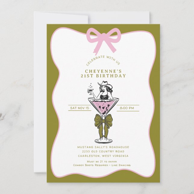 Cowgirl Whimsical Hand drawn 21st Birthday  Invitation (Front)