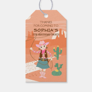 Cowgirl with a lasso and cacti Kids Birthday Party Gift Tags