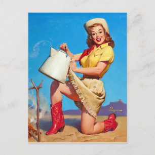 Cowgirl with Coffee Pin Up Postcard