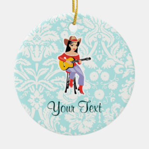 Cowgirl with Guitar; Cute Ceramic Ornament