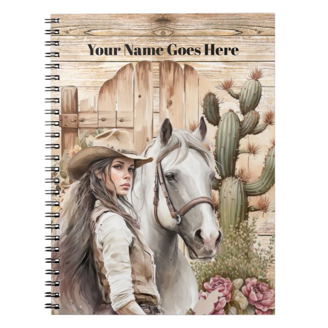 Cowgirl with horse watercolor cactus floral notebook (Front)