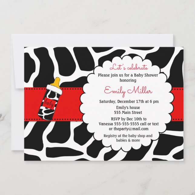 Cowhide baby shower invitation red black (Front)