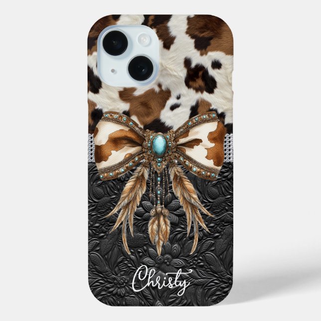 Cowhide Black Leather Jewel Bow Case-Mate iPhone Case (Back)