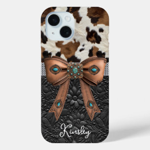 Cowhide Black Leather Jewelled Bow iPhone 15 Case