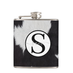 Cowhide Black White Monogram Flash Drive Flask