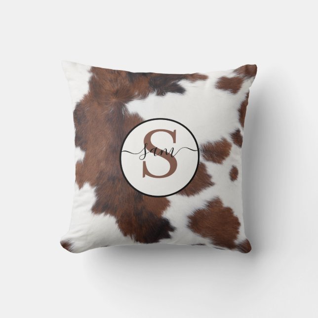 Cowhide Brown White Monogram Throw Pillow (Front)