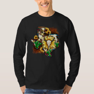 Cowhide Bull Skull Sunflower Texas Map T-Shirt