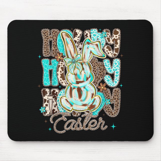 Cowhide Leopard Blue Turquoise Howdy Easter Rabbit Mouse Pad (Front)