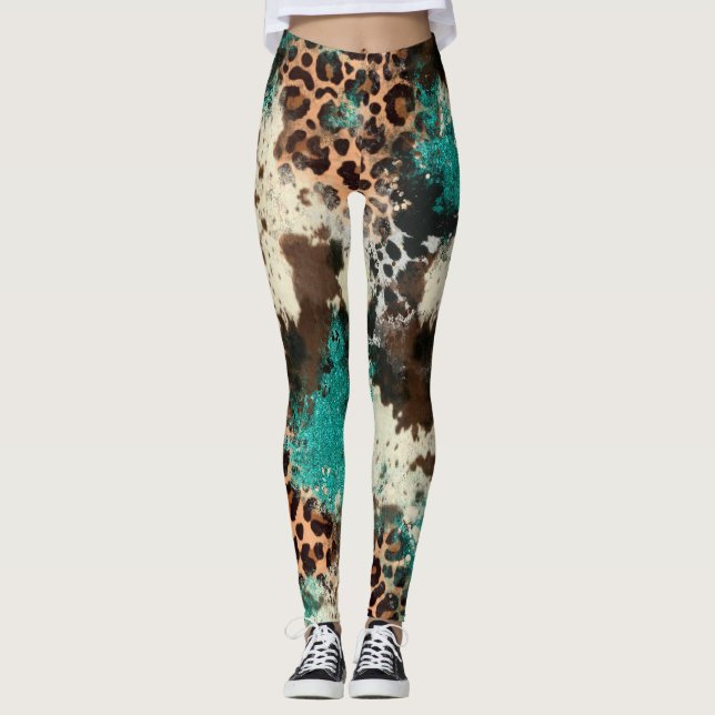 Cowhide Leopard Print Turquoise Women's Leggings (Front)