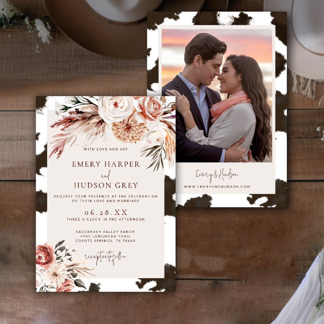 Cowhide Western Cowboy Ranch Boho Photo Wedding Invitation (western wedding photo invitation cowhide boho floral ranch country barn terracotta rust rustic)