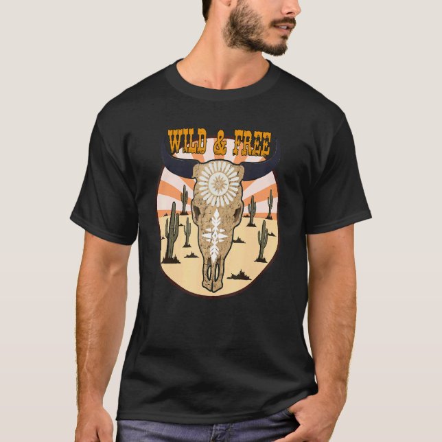 Cowhide Wild And Free Bull Skull Gemstone Western  T-Shirt (Front)