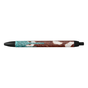 Cowhide with Turquoise Glitter Black Ink Pen