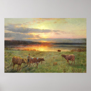Cows are brought home for milking   Vintage Farm Poster