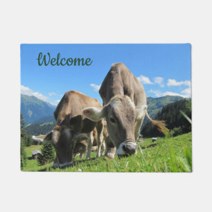 Cows Grazing Mountains Blue Sky Welcom Doormat