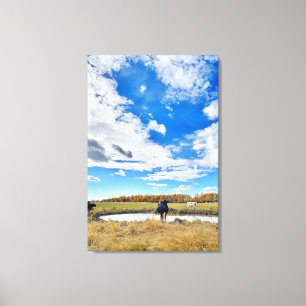 Cows in Autumn at the Pond Canvas Print