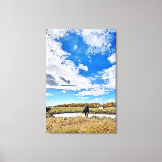 Cows in Autumn at the Pond Canvas Print (Front)