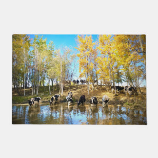 Cows in Autumn at the Pond Door Mat
