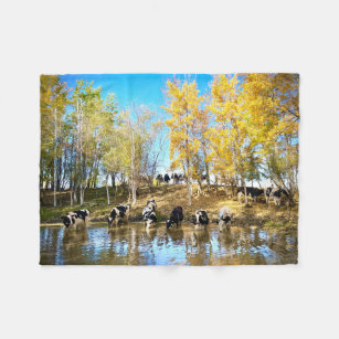 Cows in Autumn at the Pond Fleece Blanket