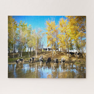 Cows in Autumn at the Pond Jigsaw Puzzle
