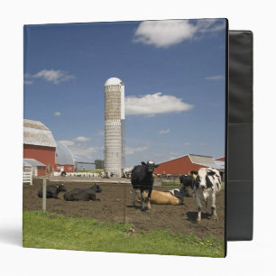 Cows in front of a red barn and silo on a farm binder