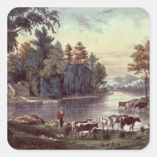Cows on the Shore of a Lake Square Sticker