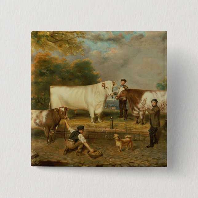 Cows with a herdsman 2 inch square button (Front)
