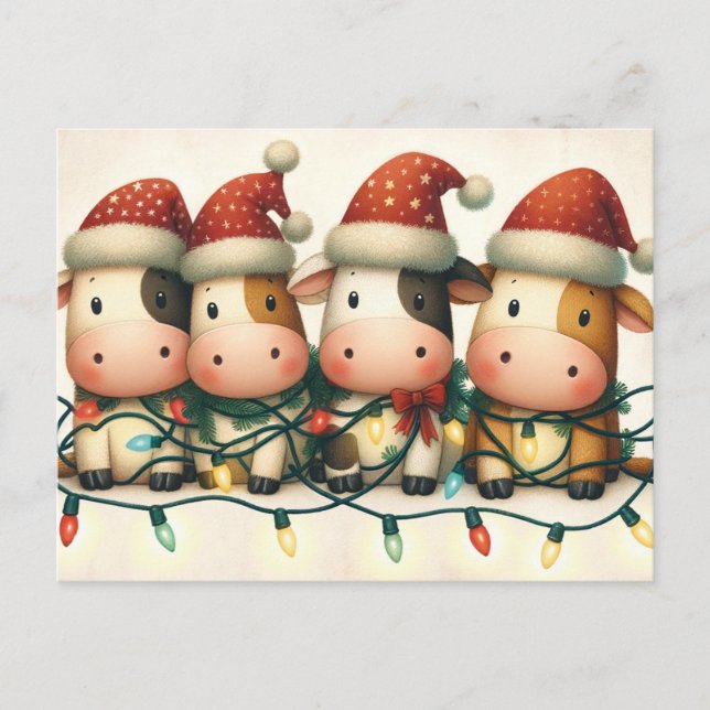 Cows with Santa Hat Christmas lights Holiday Postcard (Front)