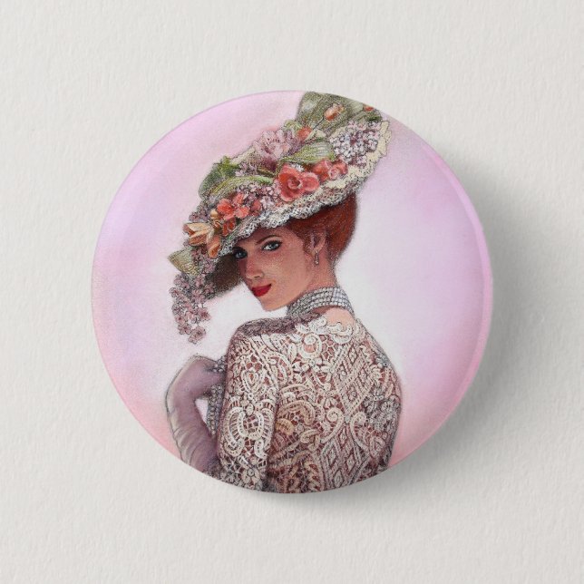 Coy Victorian Lady "Betty Lu" 2 Inch Round Button (Front)