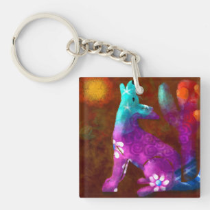 Coyote Abstract Art Saguaro Cactus Desert Brown Keychain