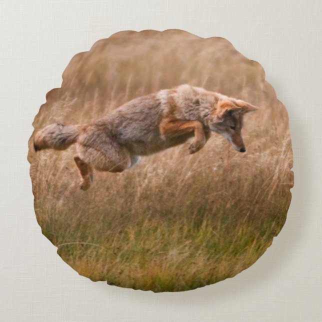 Coyote Leaping - Gibbon Meadows Round Pillow (Front)