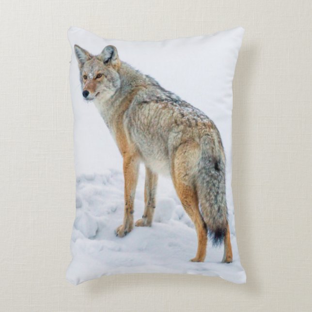 Coyote on alert in snow decorative pillow (Front(Vertical))