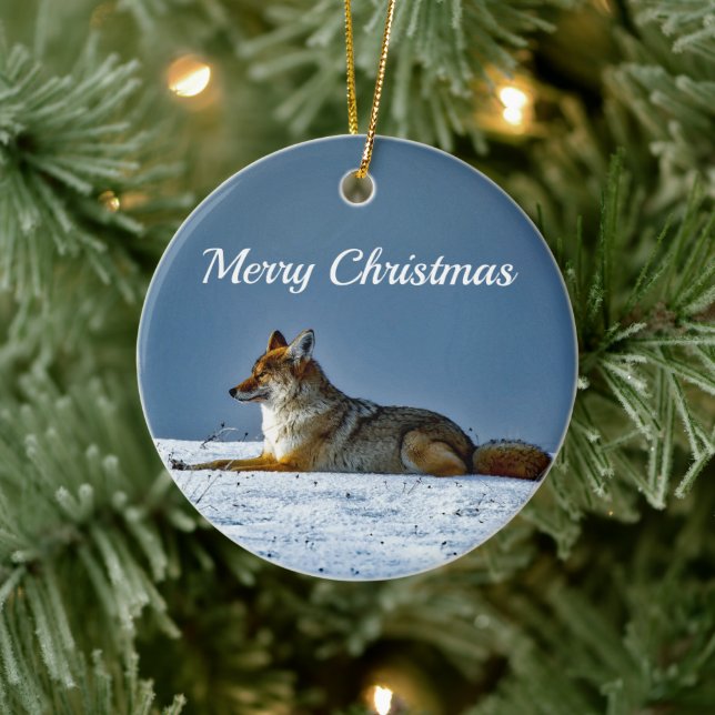 Coyote Snow Photo Ceramic Ornament (Tree)