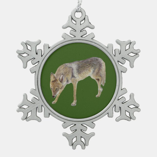 Coyote Snowflake Pewter Christmas Ornament (Front)