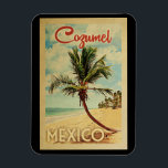Cozumel Magnet Palm Tree Vintage Travel<br><div class="desc">A uniquely retro mid-century modern Cozumel Mexico art print in vintage travel poster style. It features a curved palm tree on sandy beach with ocean under a blue cloudy sky.</div>