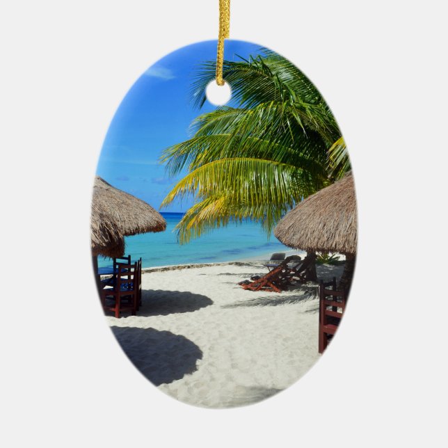 Cozumel Mexico Beach Hut Palm Tree Teal Water Vaca Ceramic Ornament (Front)