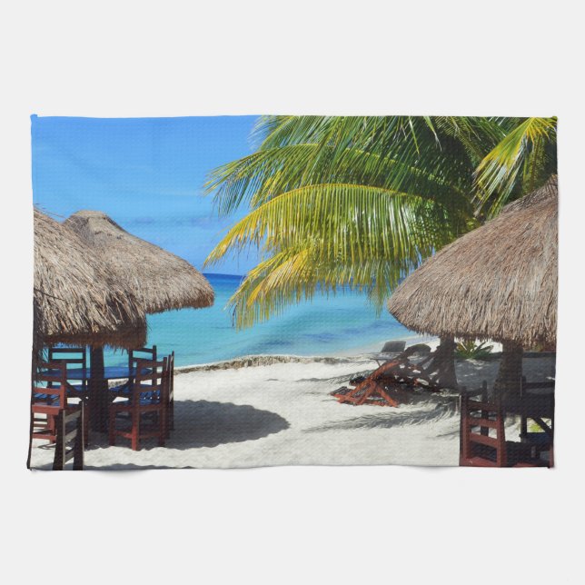Cozumel Mexico Beach Hut Palm Tree Teal Water Vaca Kitchen Towel (Horizontal)