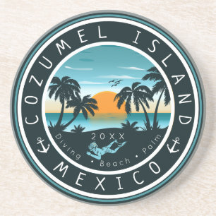 Cozumel Mexico Scuba Diving Sunset Souvenir 80s Coaster
