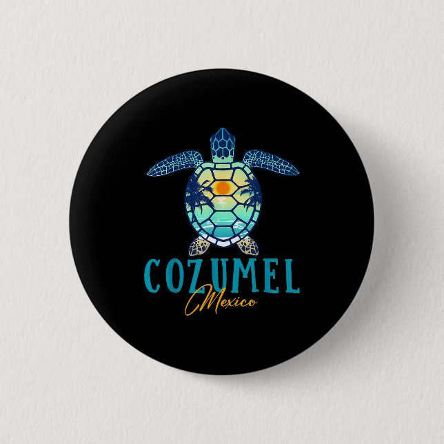 Cozumel Mexico Sea Turtle Palm Tree Sunset Beach V 2 Inch Round Button (Front)