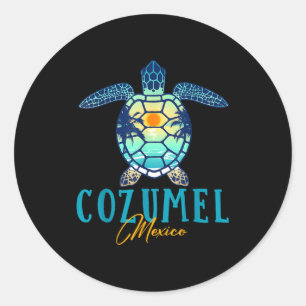 Cozumel Mexico Sea Turtle Palm Tree Sunset Beach V Classic Round Sticker