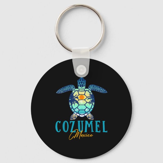 Cozumel Mexico Sea Turtle Palm Tree Sunset Beach V Keychain (Front)