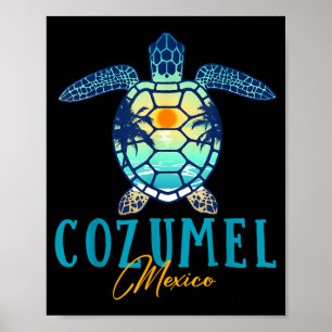 Cozumel Mexico Sea Turtle Palm Tree Sunset Beach V Poster