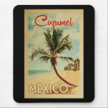 Cozumel Palm Tree Vintage Travel Mouse Pad<br><div class="desc">A uniquely retro mid-century modern Cozumel Mexico art print in vintage travel poster style. It features a curved palm tree on sandy beach with ocean under a blue cloudy sky.</div>