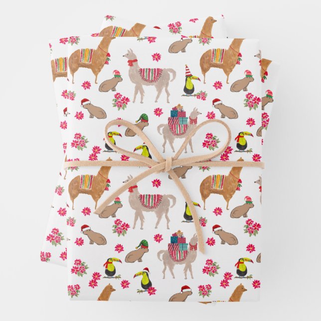 Cozy Alpaca Capybara Llama Hand-Illustrated Wrapping Paper Sheet (In situ)