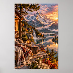 Cozy Alpine Cabin Lake Sunset Mountain Wall Art