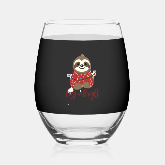 Cozy And Bright Sloth Christmas Lights (1) Stemless Wine Glass (Front)