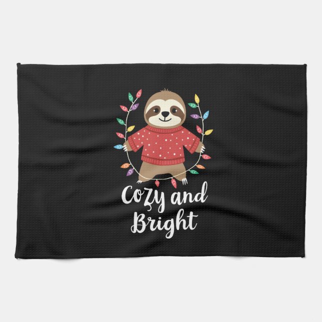 Cozy And Bright Sloth Christmas Lights (3) Kitchen Towel (Horizontal)